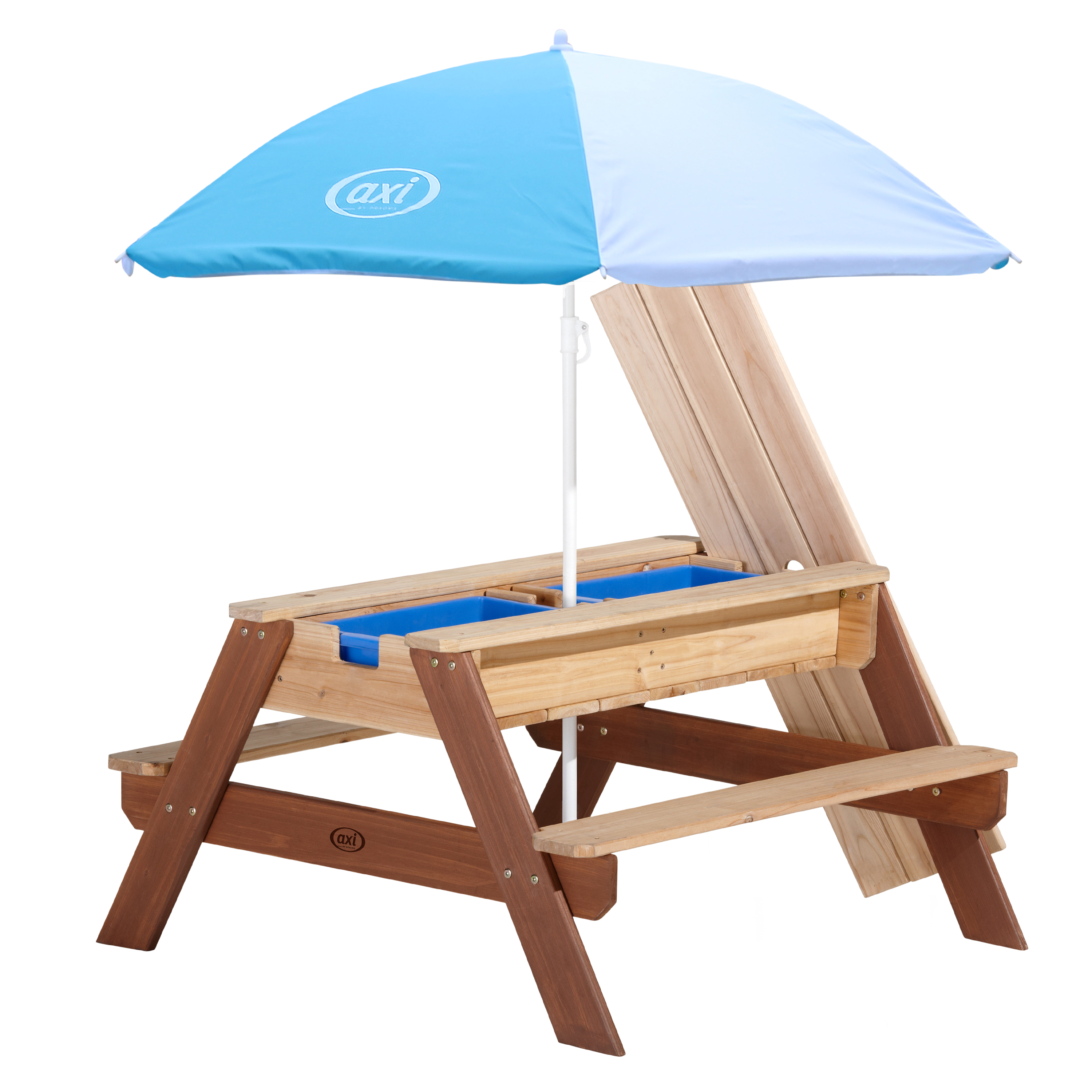 Nick Zand & Water Picknicktafel Bruin - Parasol Blauw/wit