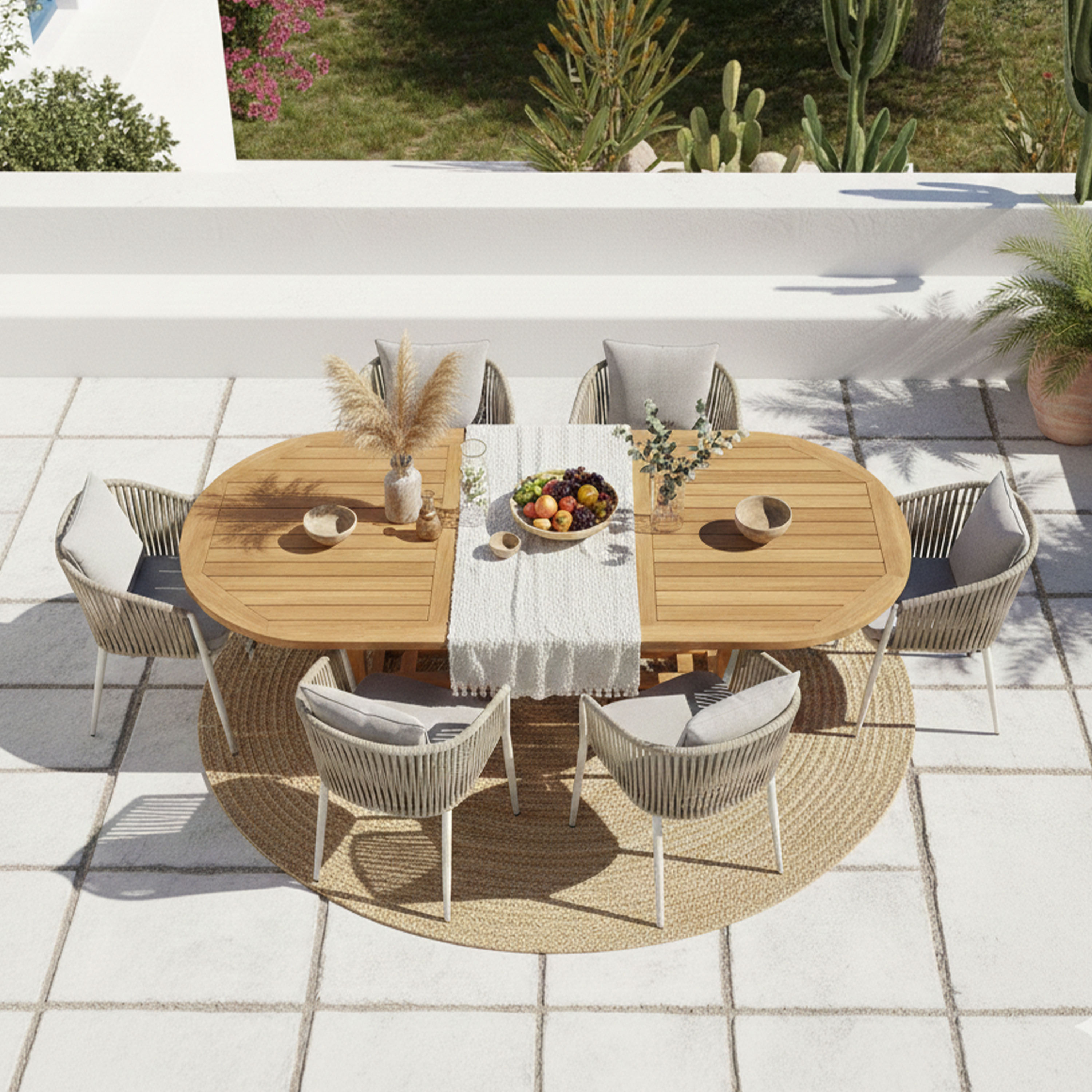 Marzi/Faye 180-240 cm Dining Tuinset 7-delig Teak/Beige