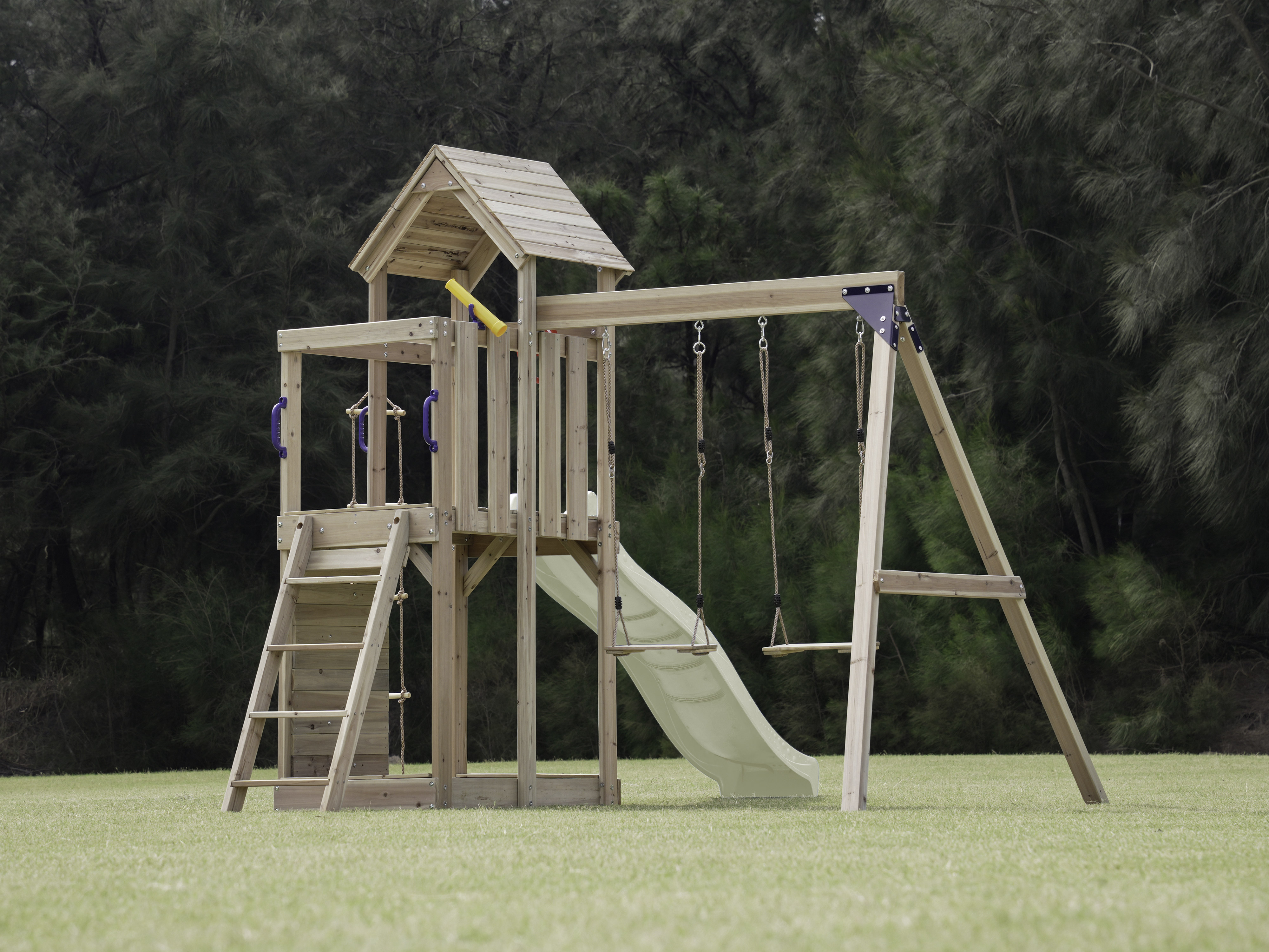 Moos Speeltoestel met Dubbele Schommel en Touwladder Bruin -