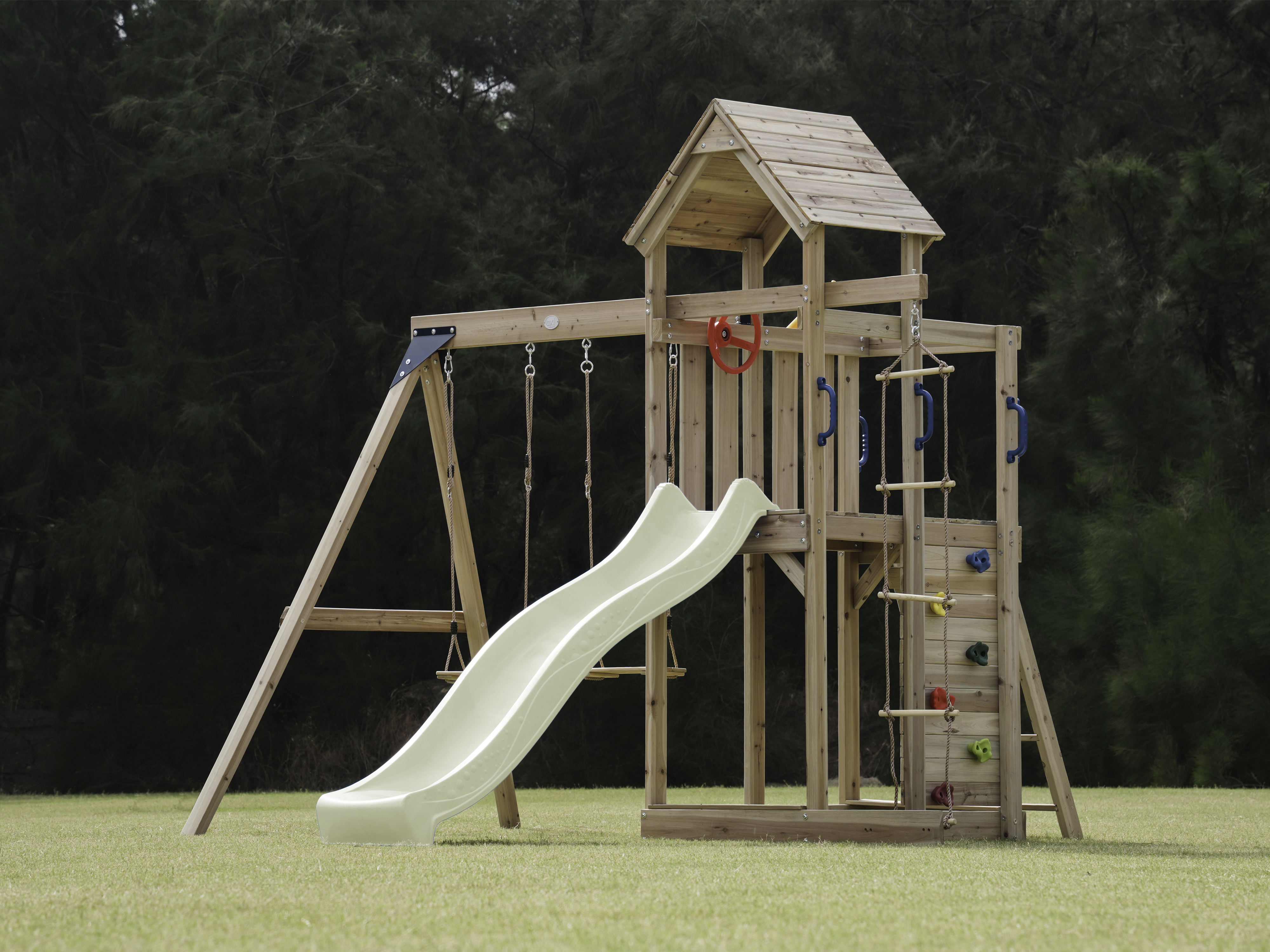 Moos Speeltoestel met Dubbele Schommel en Touwladder Bruin -
