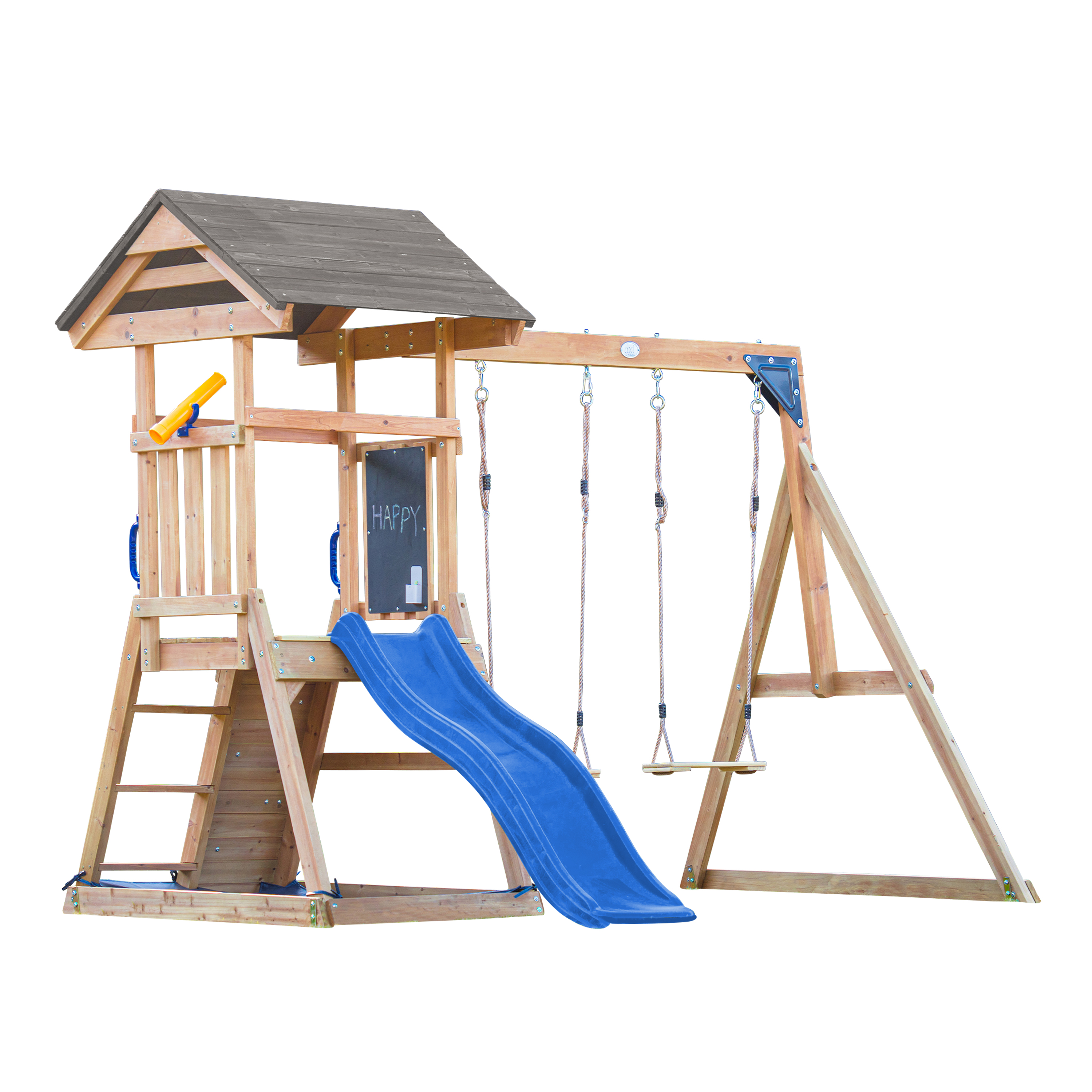 Mia Speeltoestel met Dubbele Schommel Bruin – Blauwe Glijbaa