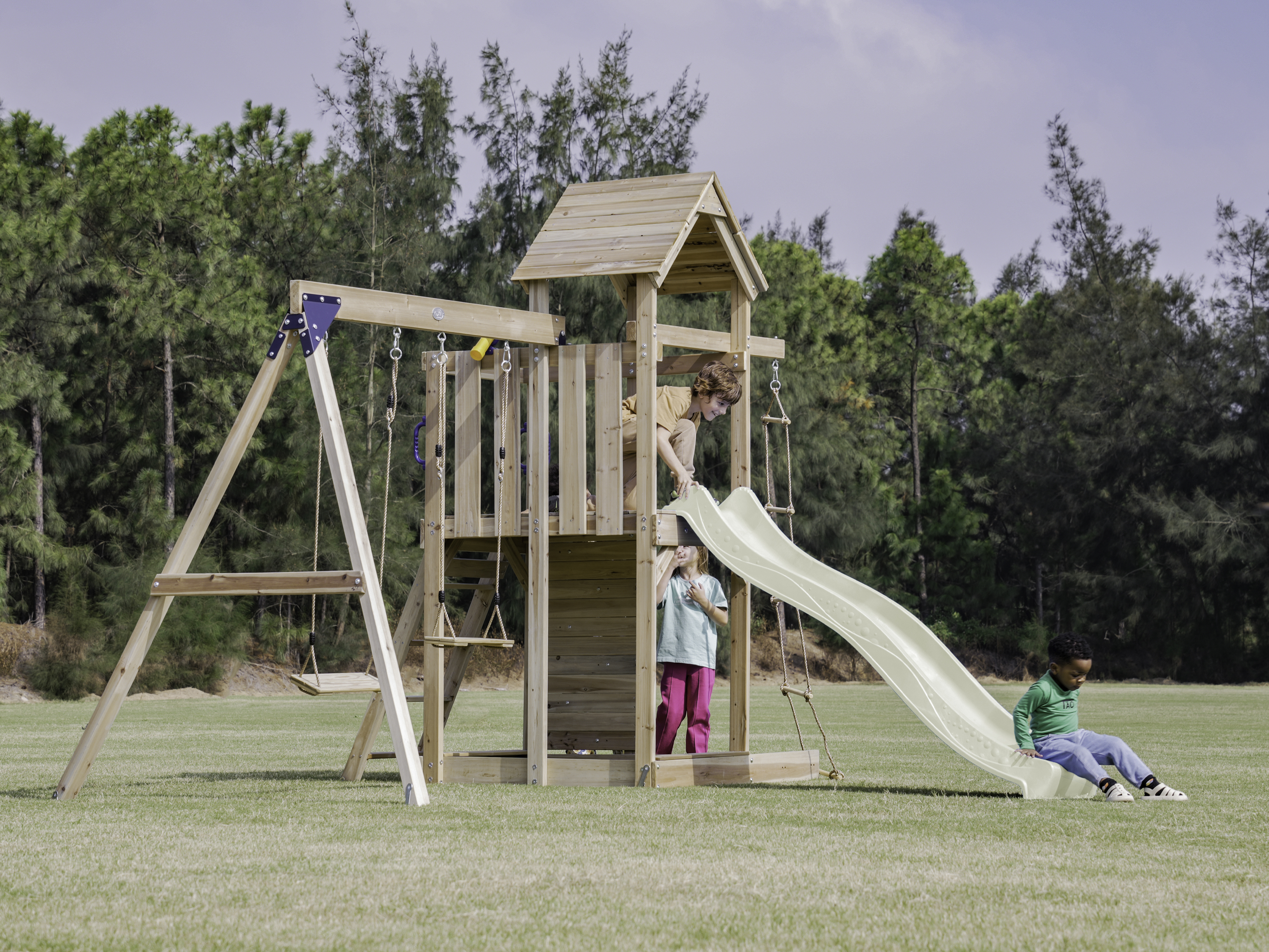 Moos Speeltoestel met Dubbele Schommel en Touwladder Bruin -