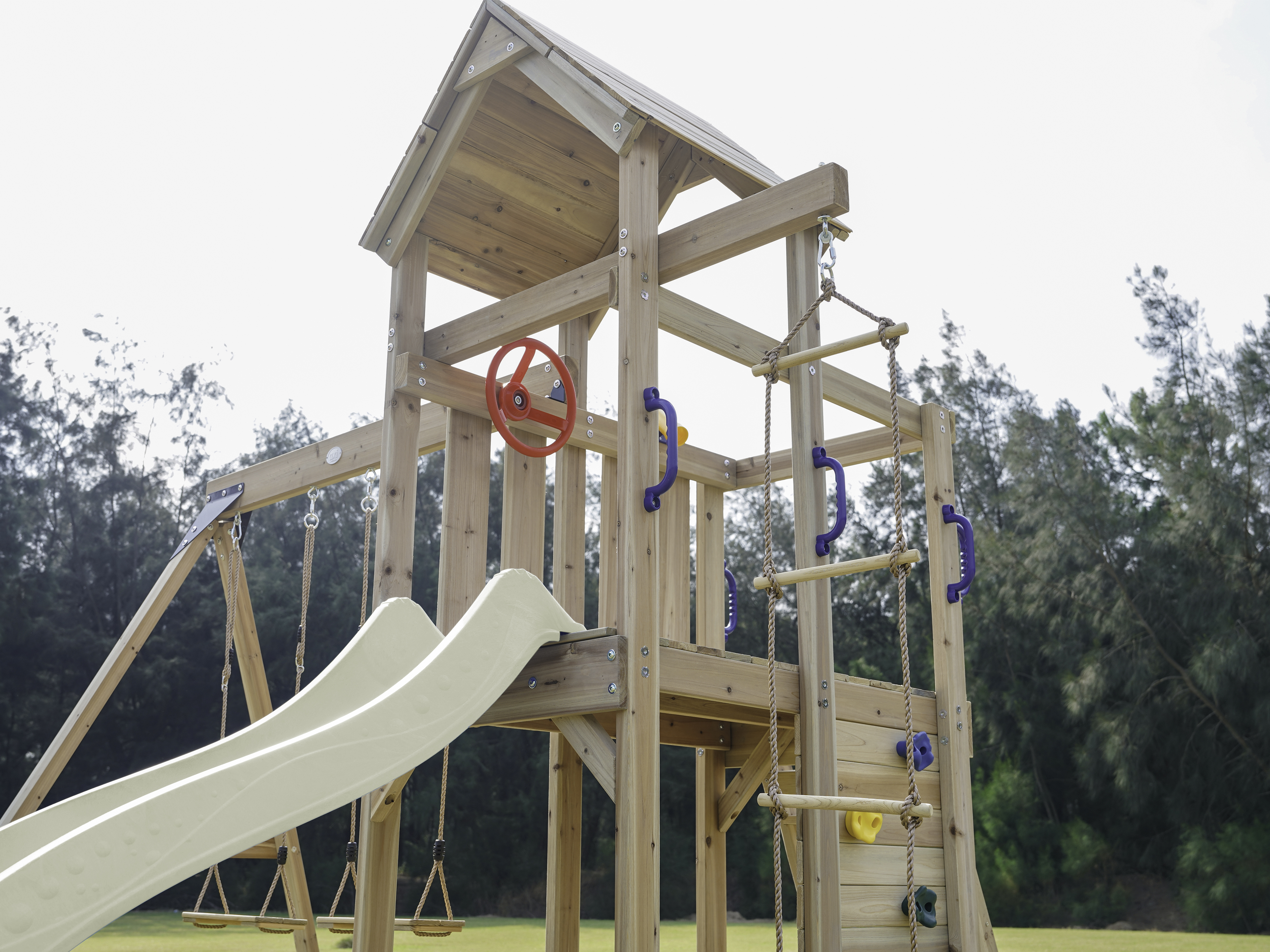 Moos Speeltoestel met Dubbele Schommel en Touwladder Bruin -