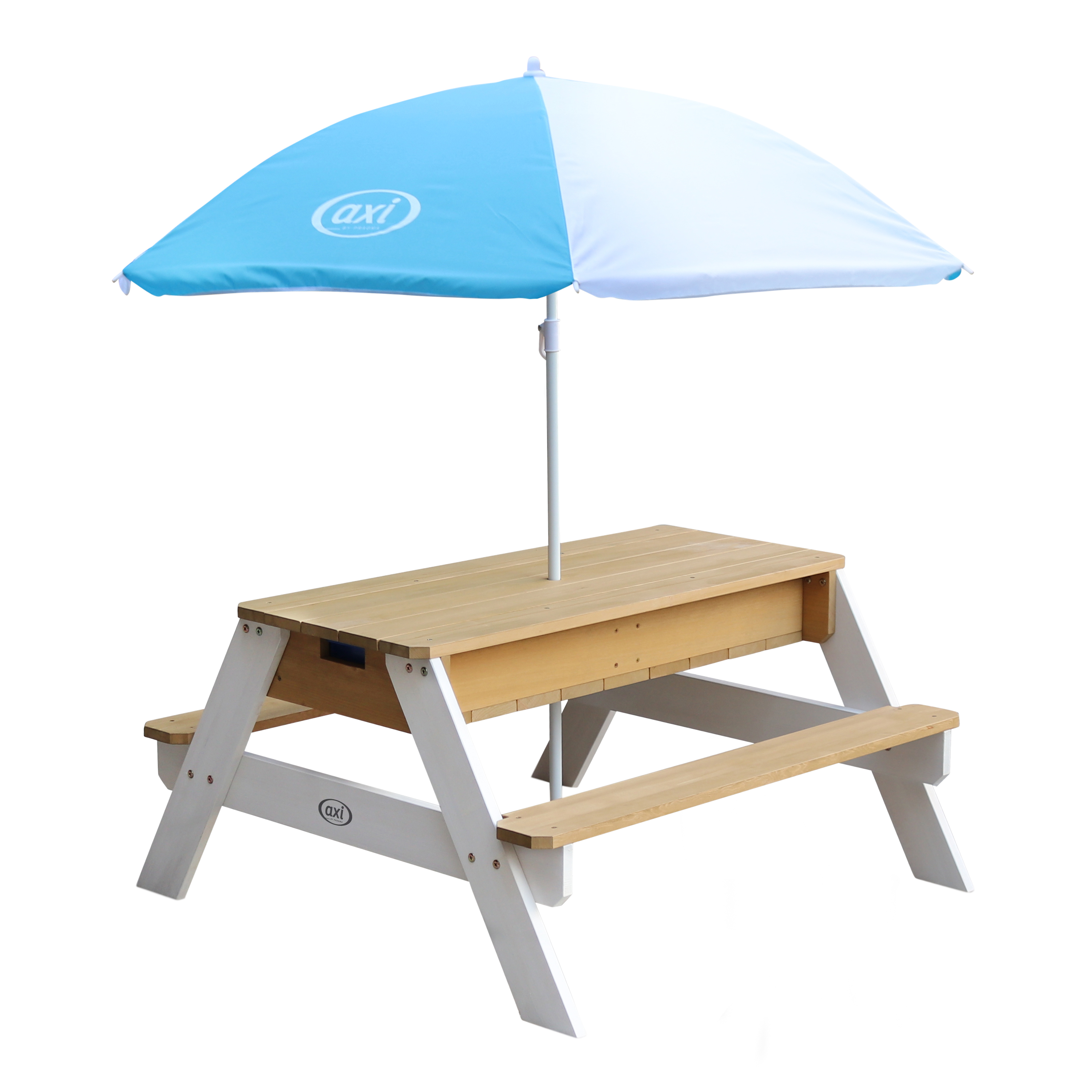 Nick Zand & Water Picknicktafel Bruin/wit - Parasol Blauw/wi